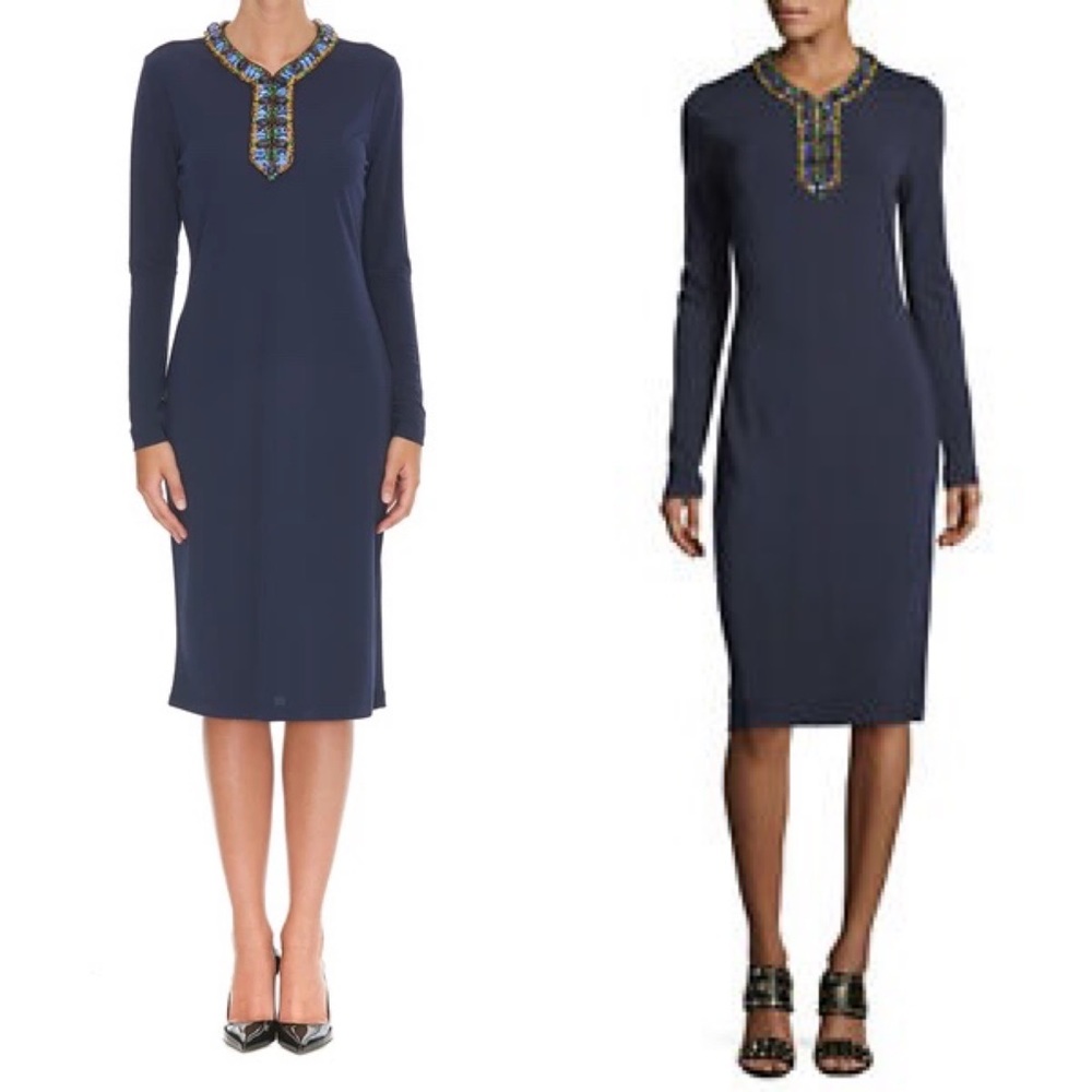 Tory Burch Navy Long-Sleeve Embellished Neck Dress
